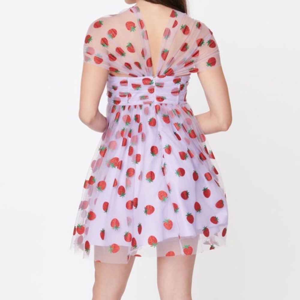 UNIQUE VINTAGE LAVENDER & RED GLITTER STRAWBERRY PRINT BABYDOLL DRESS - Picture 2 of 4
